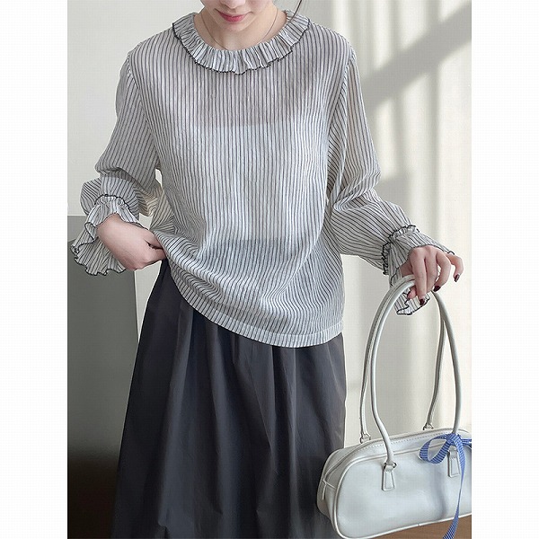 ファッション☆長袖☆薄手☆ストライプ☆ブラウス☆シャツ☆レディース服M／L