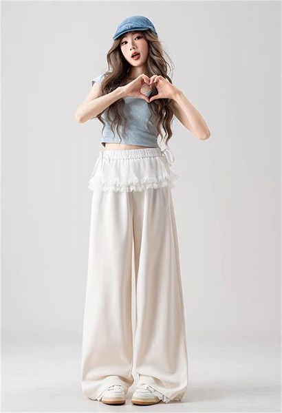 NEW韓国ファッション ハイウエストゴム入り レースフリルワイドストレートパンツ