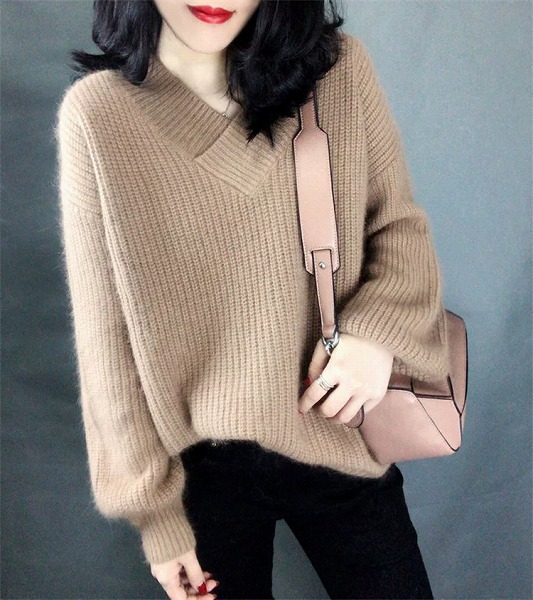 カットソー 厚手 あったか ニットトップス 上着 Vネック カジュアル