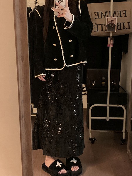 AW  天鵞絨 スパンコール フィッシュテールスカート タイトスカート