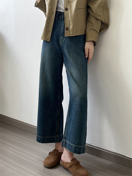 魅力を増すコツ ハイウエスト ストレート ロングパンツ ジーンズ 九分パンツ 気質 秋
