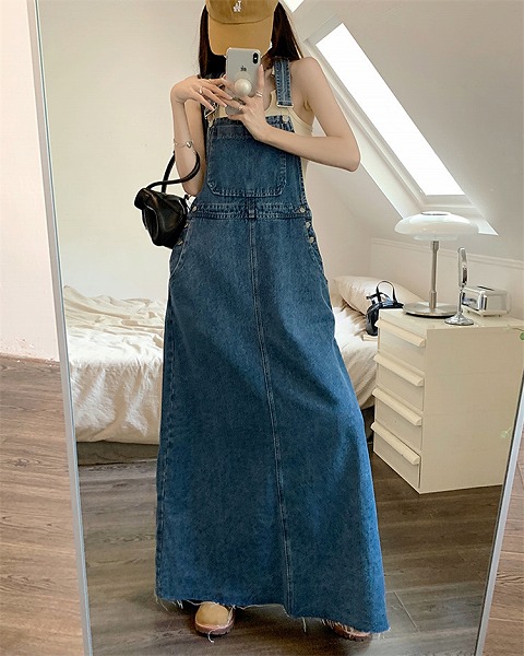 INSスタイル デニムワンピース サロペット ロングスカート ギャザリング デザインセンス|ドレミファソラ・ねこ