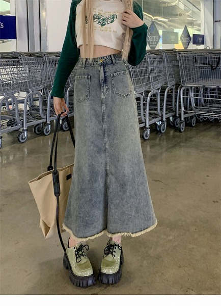 すっきり美人見え 大きいサイズ ロングスカート レトロ バリ デニムハーフ 春 ハイウエスト|ドレミファソラ・ねこ
