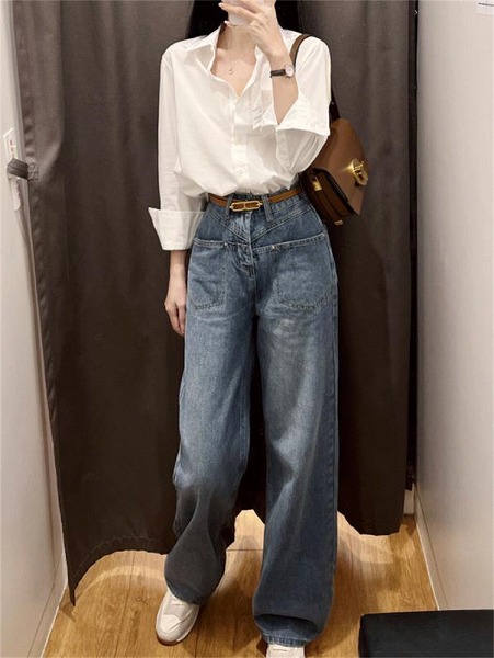 超人気ins話題 ワイドパンツ オシャレ ジーンズ アメリカン レトロ 太ったmm ハイウエスト|ドレミファソラ・ねこ