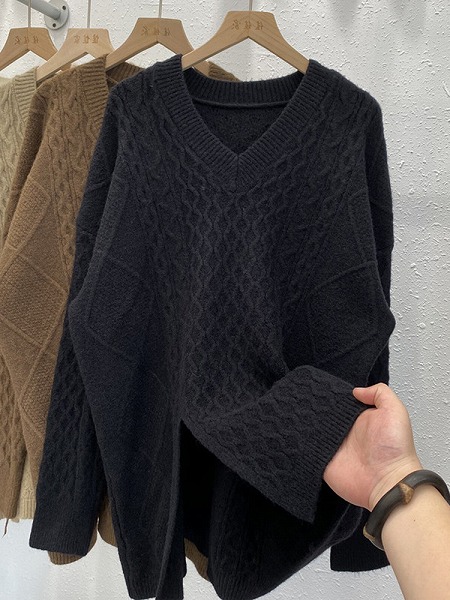 INSスタイル 中長セクション 厚手 ニットトップス スプリット Vネック 麻花