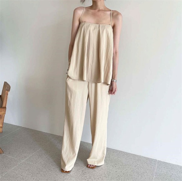 着痩せ効果 INSスタイル ハイウエスト ワイドパンツ ロングパンツ キャミソール 2点セット