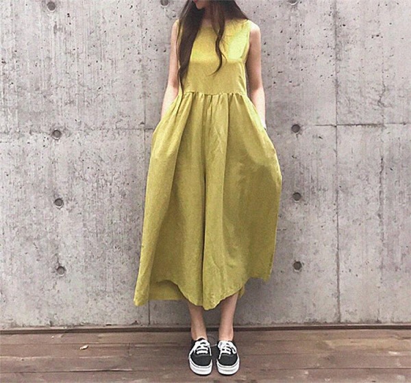 計算された美シルエット。カジュアル リネン ワイドレッグパンツ コンビネゾン 夏 ルーズ