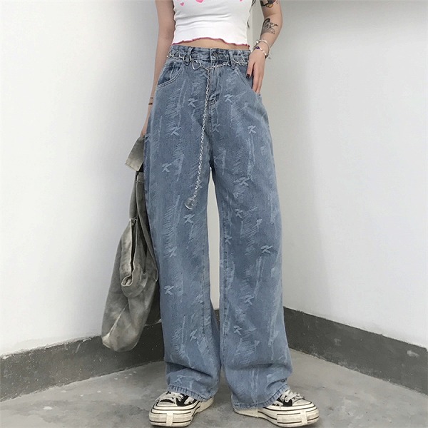 韓国ファッション ジーンズ レター 新品 カジュアル ゆったりする ワイドレッグパンツ ストレートパンツ