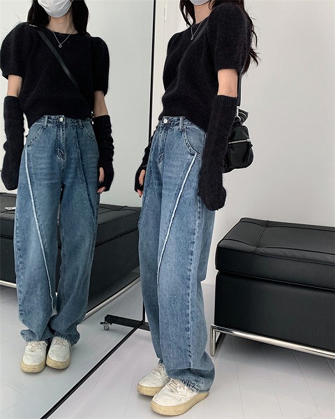ミニマリストストレートモップパンツ ハイウエスト スリム ジーンズ ゆったりする