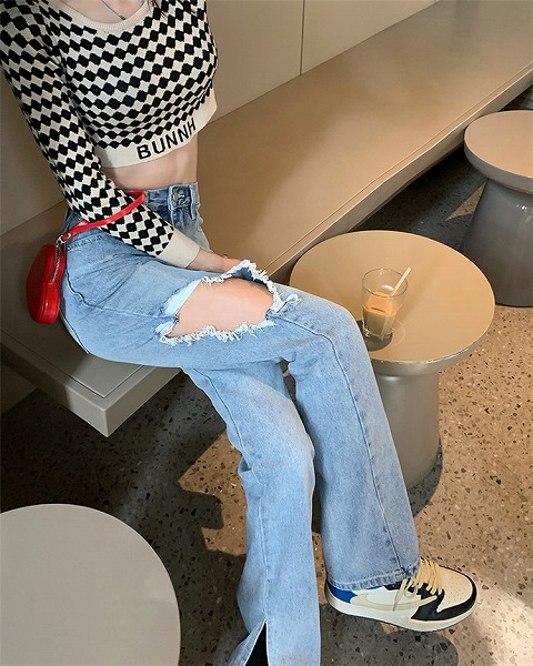 春物登場● ハイウエスト スリム ジーンズ スプリット ストレート 破れたパンツ