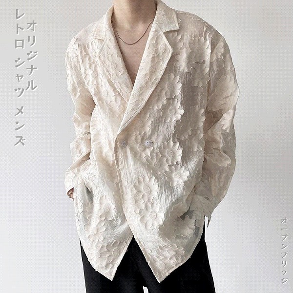 通勤する 個性 刺繍 ジャカード 秋 オリジナル レトロ シャツ メンズ 長袖 襟返し