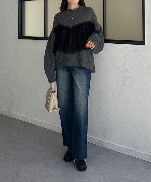 土日に着たい服 自社生み出すこと ニットトップス 厚地の外套 ラウンド素っ首 スウェーター 縫付 あったか ゆったりする