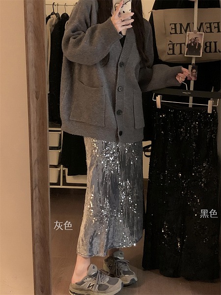 天鵞絨 スパンコール タイトスカート フィッシュテールスカート 中長一部分