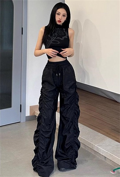 賞賛を受けるすごいですね アメリカン フリルパンツ カップル服 ハイウエスト ワイドパンツ ハーネス
