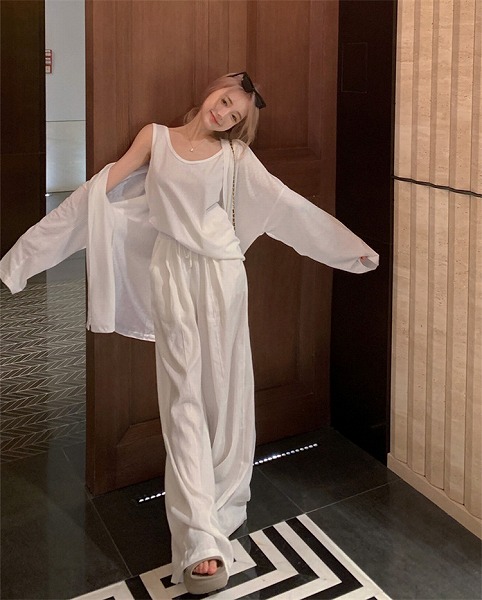 大好きな着こなし ベスト コート 3点セット タンクトップ リネンパンツ ロングパンツ ワイドパンツ
