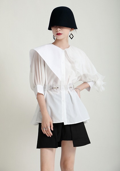 細見えする イレギュラー つなぎ 夏 おしゃれな フリル ゆったりする 上品映え 半袖シャツ 上着