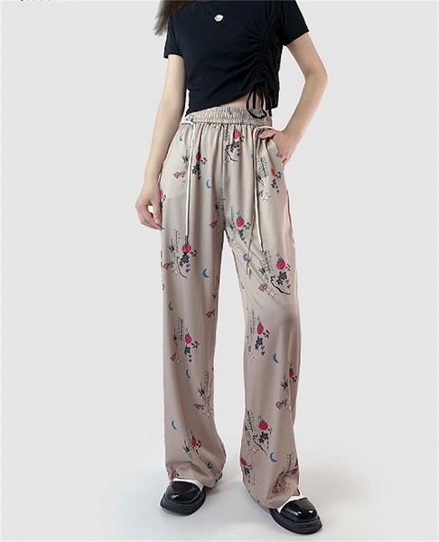 Fashionsハイウエスト ギャザリング スラックス ワイドパンツ プリント ドラッグパンツ