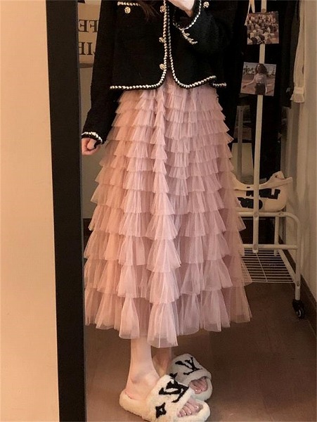 プリーツスカート 春秋 ロングスカート ケーキスカート お出かけ 怠惰な風 カジュアル｜ドレミファソラ・ねこ