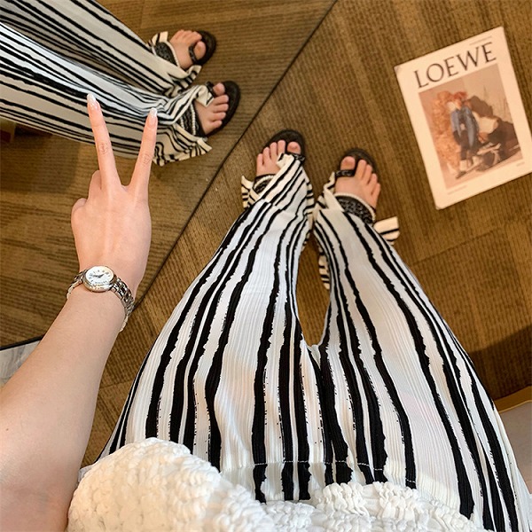 おしゃれの必需品 プリーツ ストライプ フォーク ワイドパンツ おしゃれな ハイウエスト ロングパンツ