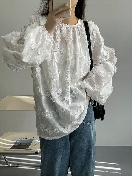 簡単スタイルアップ 刺繍 新品 トップス パフスリーブ 綿 快適である 長袖 シャツ レースアップ