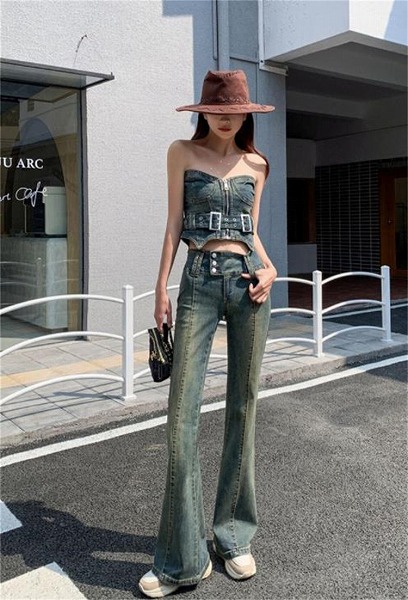 一気に大人モード デニム ロングパンツ ハイウエスト ジーンズ スリム フレアパンツ カジュアル