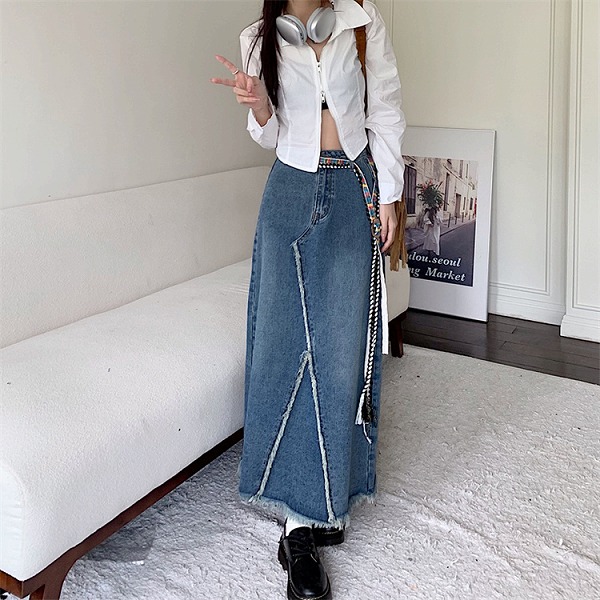 簡単にオシャレを楽しむ ギャル ギャザリング デニム デニムスカート ハイウエスト ロングスカート｜ドレミファソラ・ねこ