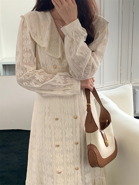 レース かぎ針編み フィッシュテールスカート Vネック フリル ダブルボタン ロングスカート