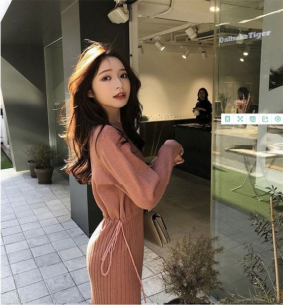 韓国ファッション ギャザリング 快適である ニットワンピース トレンド ピュアカラー 怠惰な風