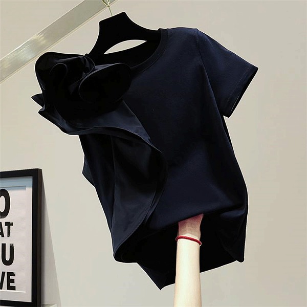 女の子ファッション ゆったりする スリム イレギュラー フリル ソリッドカラー カジュアル 半袖 Tシャツ