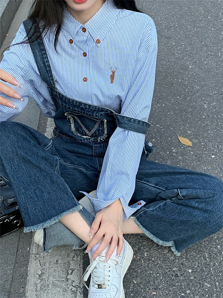 ユニークなデザインウォッシュド ワイドレッグストレートレッグパンツレトロ デニム サロペット女性
