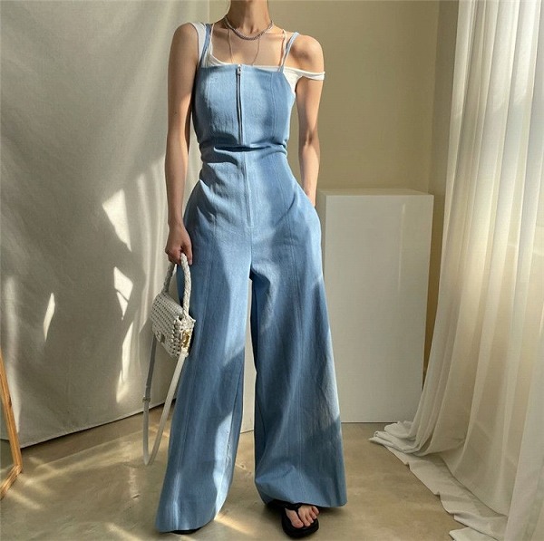 小っちゃい目あたらしいな ベアいの一番 オールインワン お上さん レトロ ファスナー ワイドレッグパンツ ダブル隠し