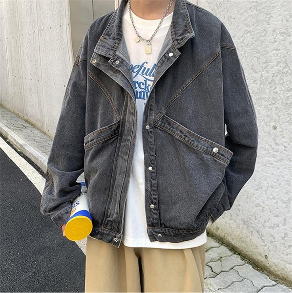 INSスタイル 秋 レトロ 個性 メンズ 大さいポケット スタンドカラー デニムジャケット｜ドレミファソラ・ねこ