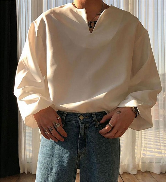 男の子ファッション 夏 新しい ハンサム スリム ゆったりする 首輪なし 長袖 シャツ ファッション
