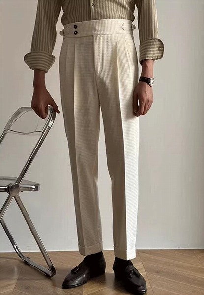 お見逃しなく ウエストパンツ アイロンフリー処理 ストレートパンツ ハイウエスト ワッフル柄｜ドレミファソラ・ねこ