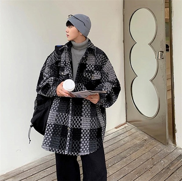 格子縞 長袖 コート メンズ トレンド 秋 ゆったりする 香港スタイル レトロ ジャケット｜ドレミファソラ・ねこ