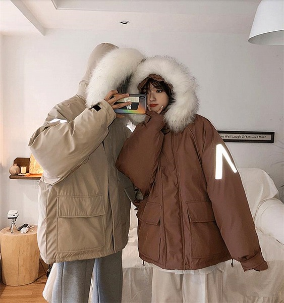韓国ファッション秋冬 タイドブランド 反射ストリップ ゆったりする 綿の服 毛皮の襟 カップル コート｜ドレミファソラ・ねこ
