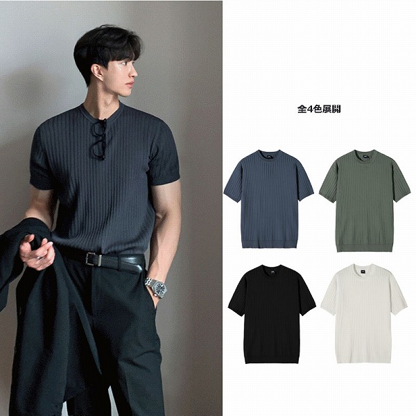 メンズ ストライプ 薄手 ニット半袖Tシャツ 夏用 韓国風スリムフィット 伸縮性 カジュアルトップス★全4色