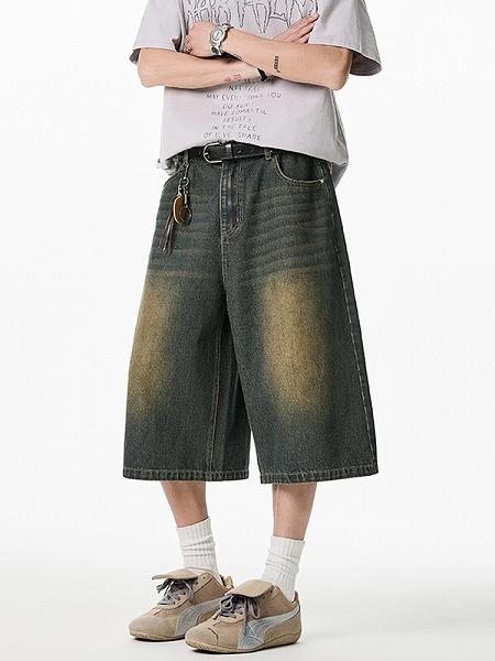 メンズ ビンテージ黒 デニム 七分丈 パンツ 男女兼用 ストリート系 ボトムス 春夏 新作★全2色