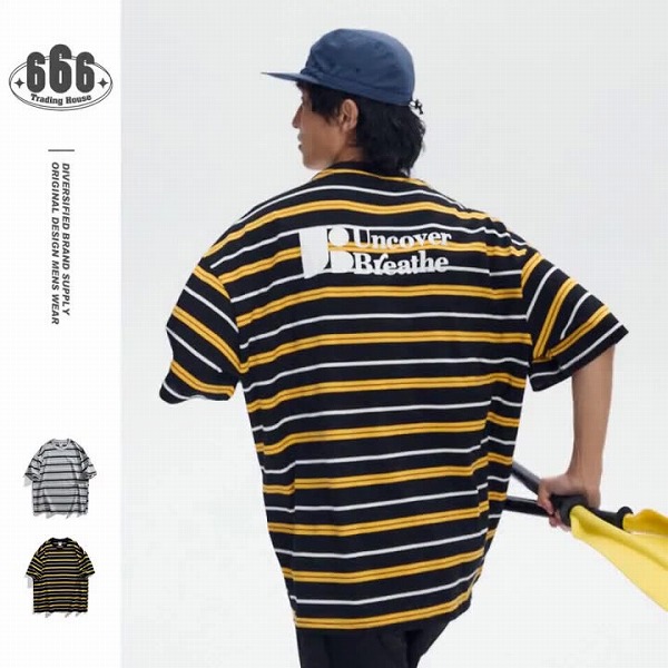 P21650 韓国風 メンズ 男 Tシャツ ストライプ トップス 半袖 春夏新作 男女通用 字母 スポーツ