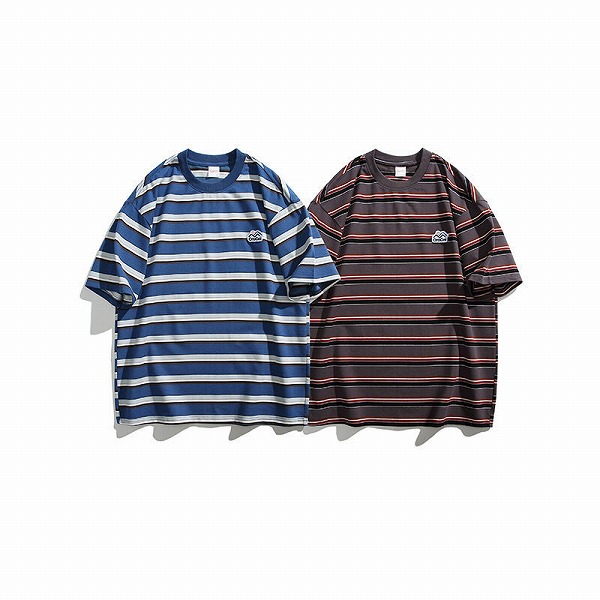 P21166メンズ Ｔシャツ トッブス 春夏新作 カジュアル 半袖 ラウンドネック ストライプ ゆるい 韓国風｜ドレミファソラ・ねこ