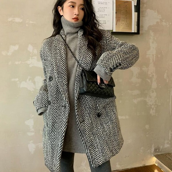 超人気秋冬 新しいデザイン 韓国風 ルース 中長スタイル 復古格子 ウールのコート女★S-XL