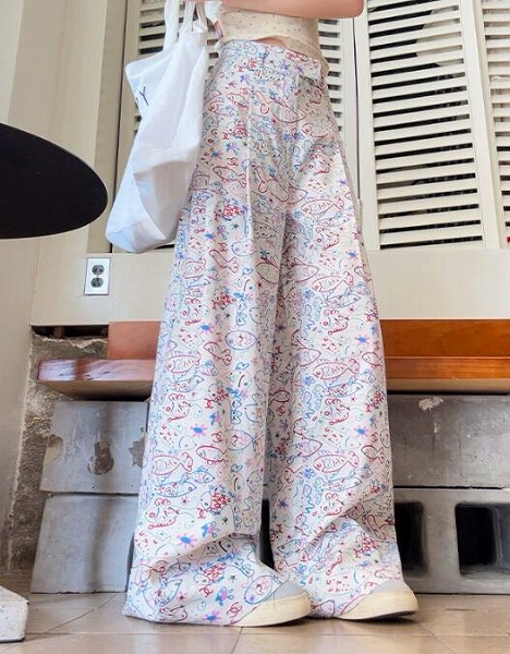 ボトムス ズボン パンツ ワイドパンツ　ハイウェスト プリント