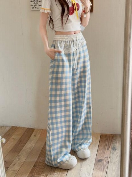 ボトムス ズボン パンツ ワイドパンツ　チェック柄 レースアップ