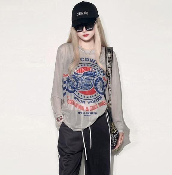 Tシャツ メッシュ シースルー 長袖 冷感 夏にピッタリトップス 丸首