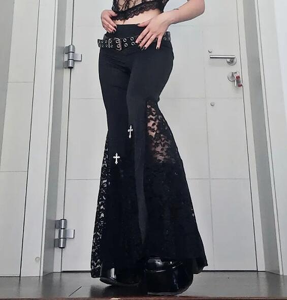 暗黒系 パンク風 ズボン パンツ レース付き ラッパパンツ