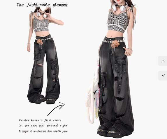 NEWダメージ加工ジーンズ デニム パンツ ズボン ワイドパンツ レディース｜ドレミファソラ・ねこ