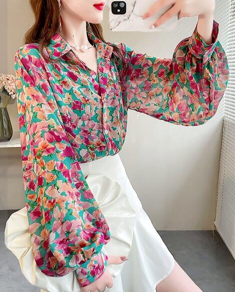 秋冬 トップス レディース ティーシャツ 長袖 シフォン 軽気球袖 総柄 トップス-シャツ・ブラウス-レディースファッション