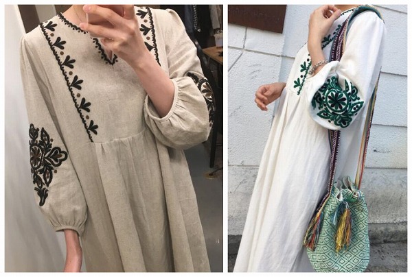 フェミニン レディース かわいい ワンピース 長袖 花 刺繍 レトロ