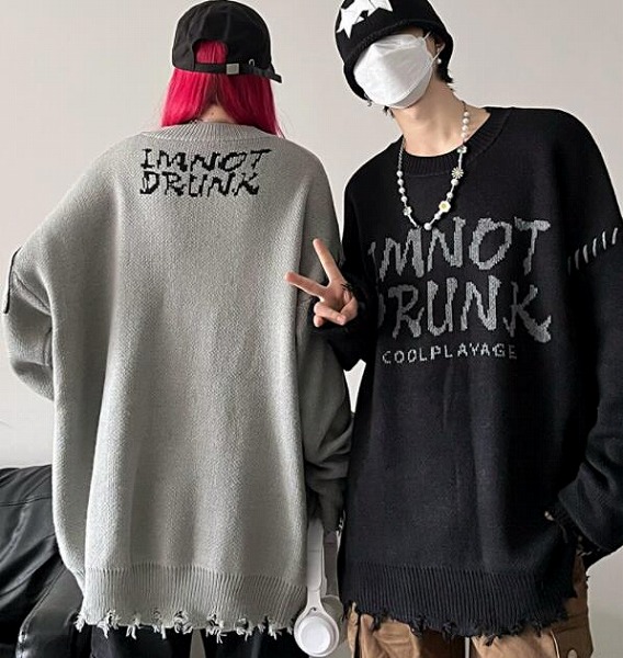 秋冬 メンズ トップス ニット セーター クルーネック ダメージ加工 ユニセックス|ドレミファソラ・ねこ