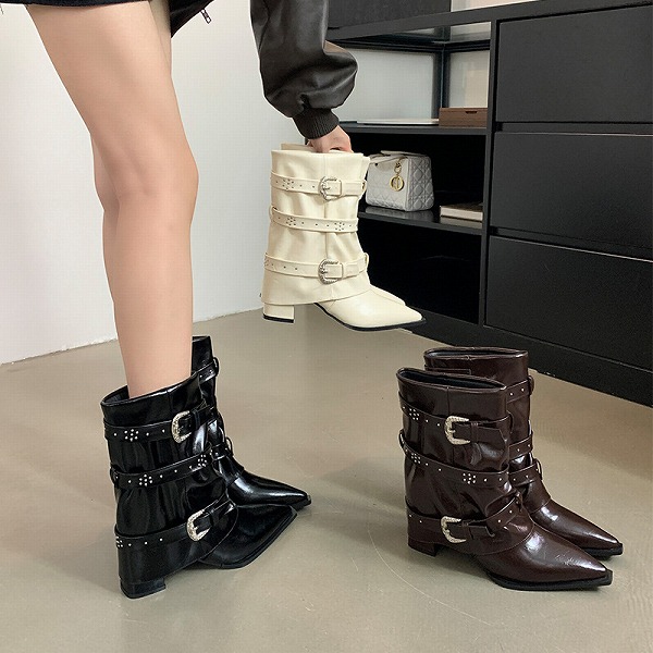 角形ベルトバックルリベット付きパンツブーツ　ショートブーツレディースファッション